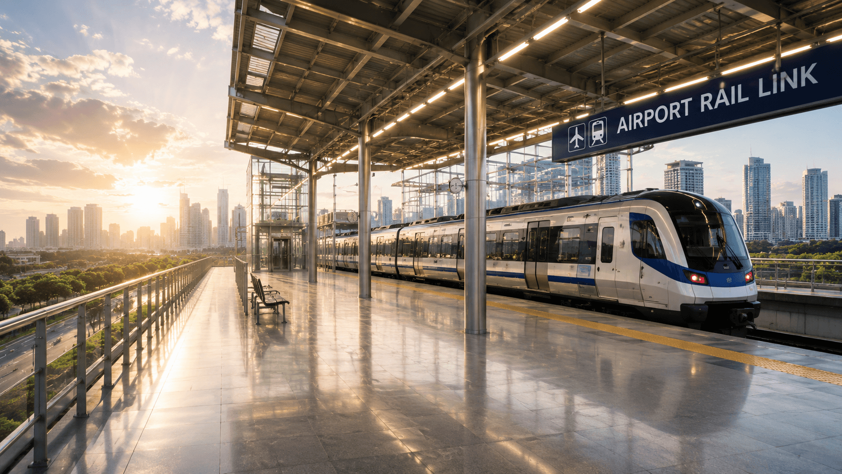 Airport Rail Link station in warm sunlight
